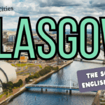 Image of cityscape of Glasgow with the word Glasgow over it in green with a black outline.