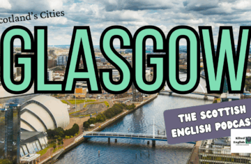 Image of cityscape of Glasgow with the word Glasgow over it in green with a black outline.
