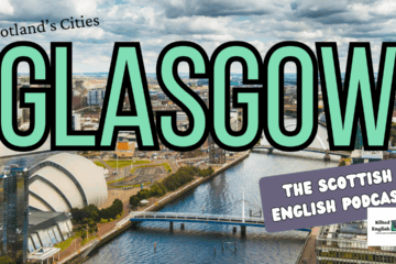 Image of cityscape of Glasgow with the word Glasgow over it in green with a black outline.
